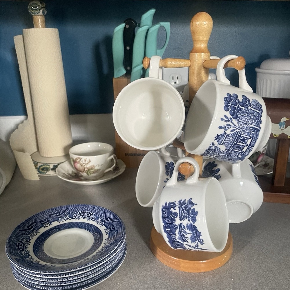 Vintage Churchill Blue Willow Teacup and Saucer Set of 6 with Mug Tree Stand